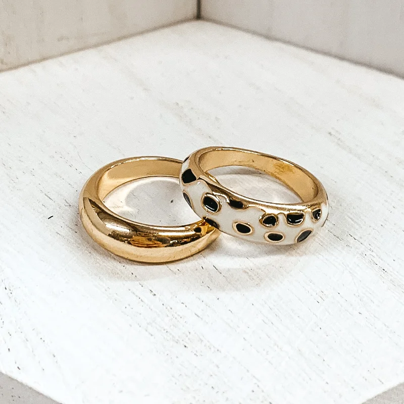 Rings with shield-shaped stones for boldness -Set of 2 | Thick Gold Tone Ring Set Cheetah Print in Ivory