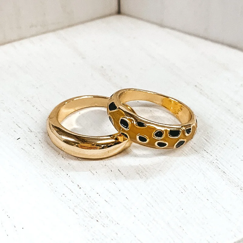 Rings with birthstone clusters for personalization -Set of 2 | Thick Gold Tone Ring Set Cheetah Print in Tan