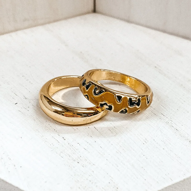 Rings with topaz stones for icy blue -Set of 2 | Thick Gold Tone Ring Set Leopard Print in Tan