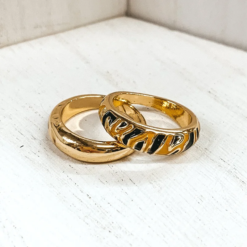 Rings with vintage-inspired rose-cut diamonds -Set of 2 | Thick Gold Tone Ring Set Tiger Print in Tan