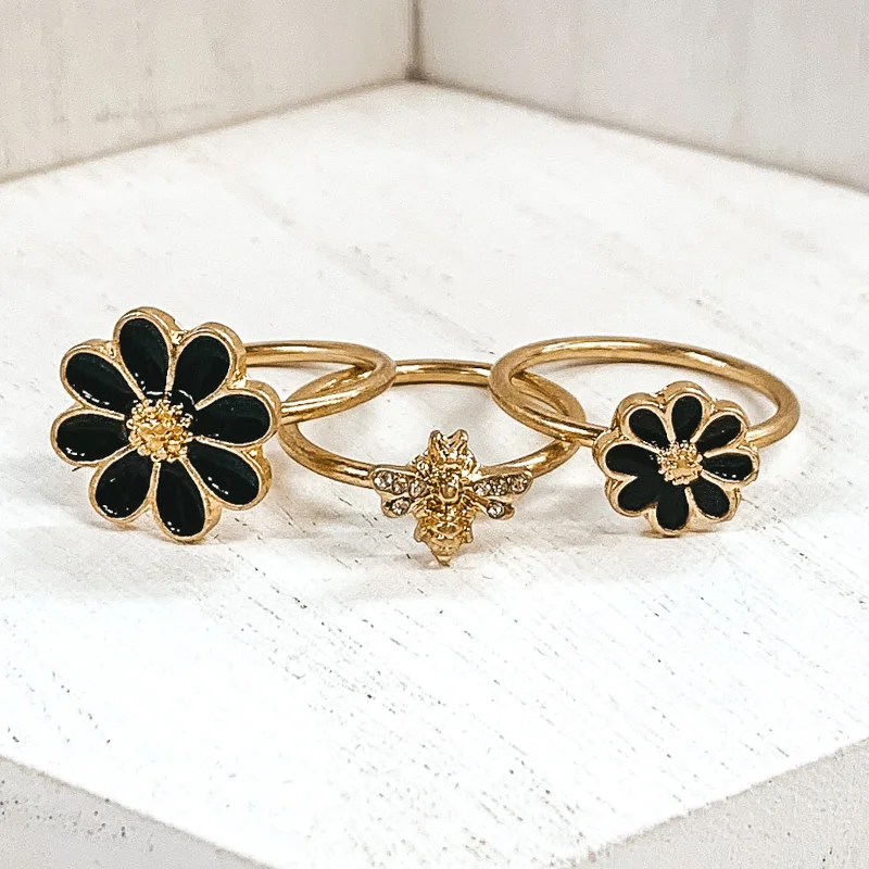 Rings with claw-set moonstone for mystique -Set of 3 | Bee and Flower Gold Tone Ring Set in Black