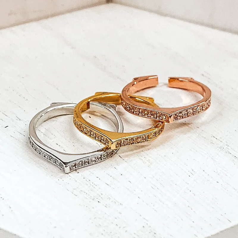 Rings with mandala engravings for spiritual vibe -Set of 3 | Silver Tone, Gold Tone, and Rose Gold Tone Open Rings with CZ Crystals