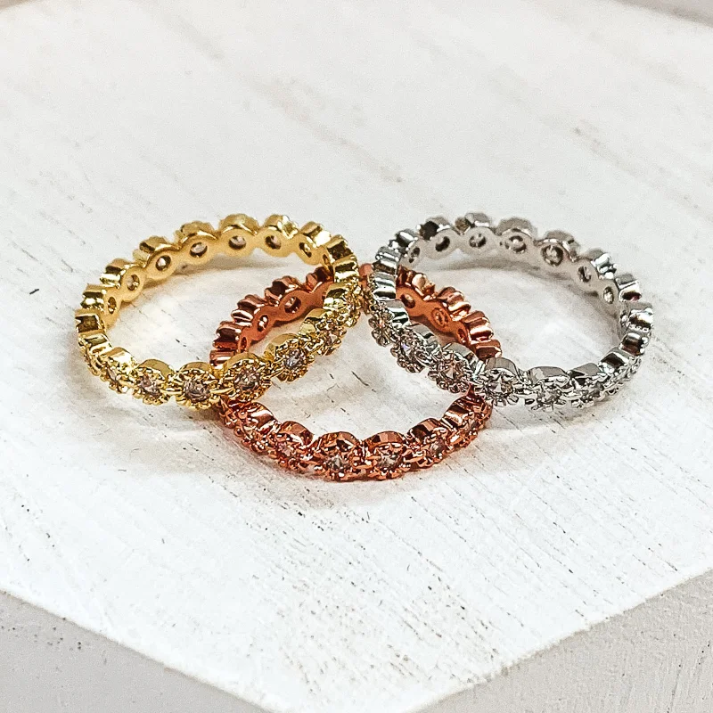 Rings with rough peridot for green texture -Set of 3 | Silver Tone, Gold Tone, and Rose Gold Tone Rings with Clear CZ Crystals