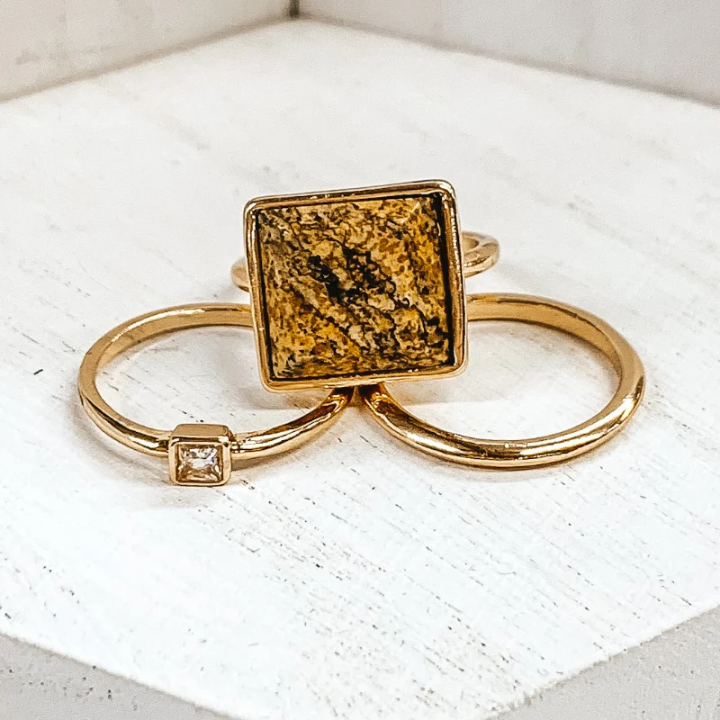 Rings with bezel-set peridot for safety -Set of 3 | Square Pendant Gold Tone Ring Set in Tan