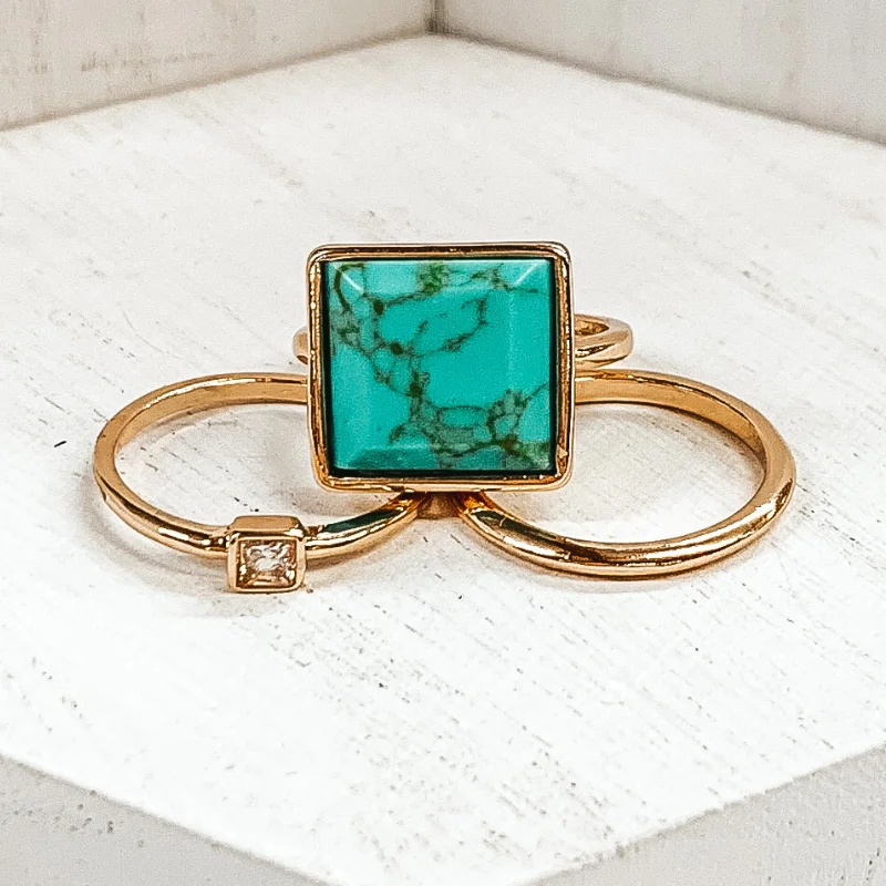 Rings with lapis lazuli for rich blue -Set of 3 | Square Pendant Gold Tone Ring Set in Turquoise