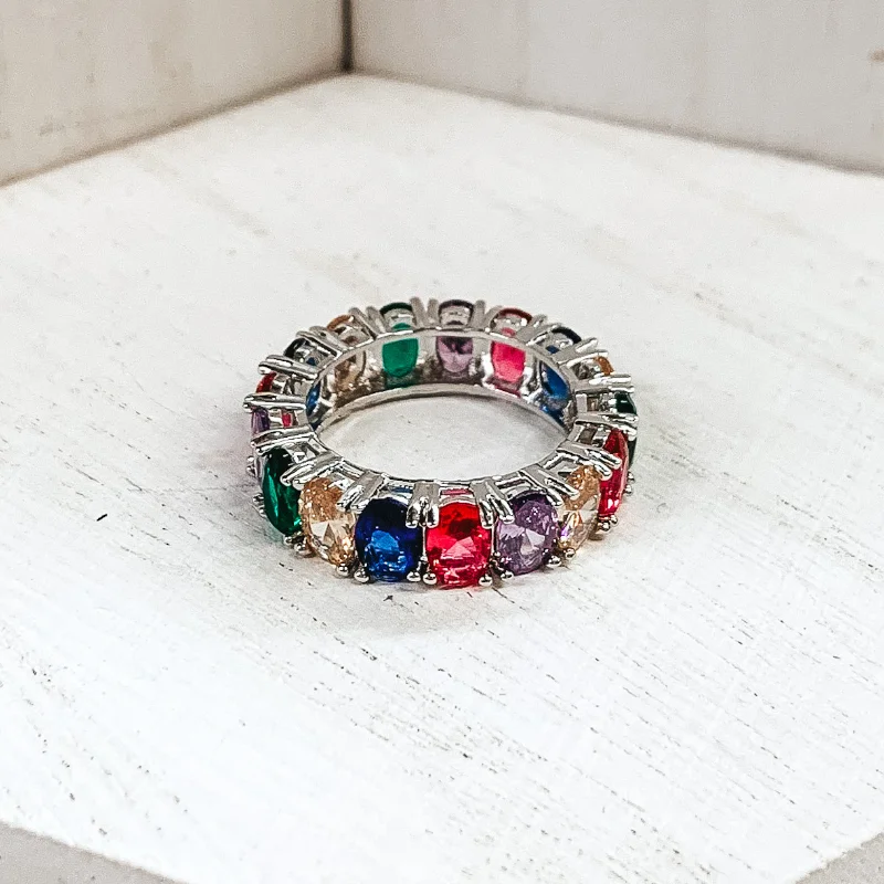 Rings with etched floral bands for detail -Silver Tone Ring with Oval CZ Crystals in Multicolored