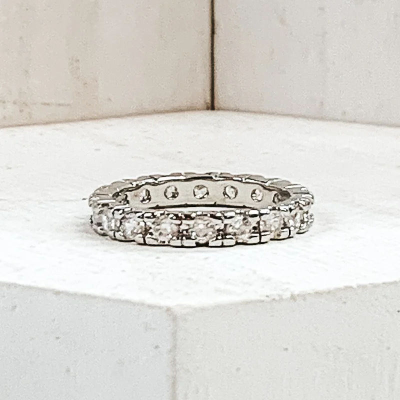 Vintage rings with engraved floral band designs -Silver Tone Ring with Clear CZ Crystals