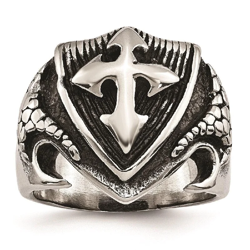 Titanium rings with rugged brushed metal look -Stainless Steel Antiqued Shield Ring