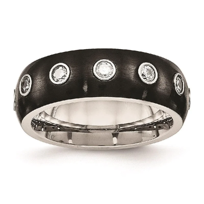 Rings with adjustable bands for perfect fit -Stainless Steel Brushed and Polished Black IP CZ Half Round Ring