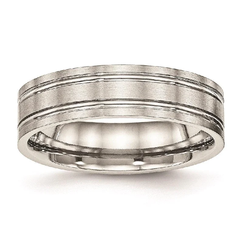 Simple rings with polished black onyx shine -Stainless Steel Brushed and Polished Ridged 6.00mm Band