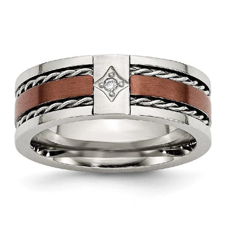 Rings with wide bands for statement wear -Stainless Steel Brushed Brown IP-plated w/Diamond 8mm Polished Band