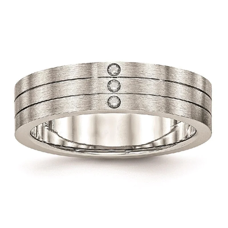 Rings with etched floral bands for detail -Stainless Steel Brushed Grooved Three CZ Ring