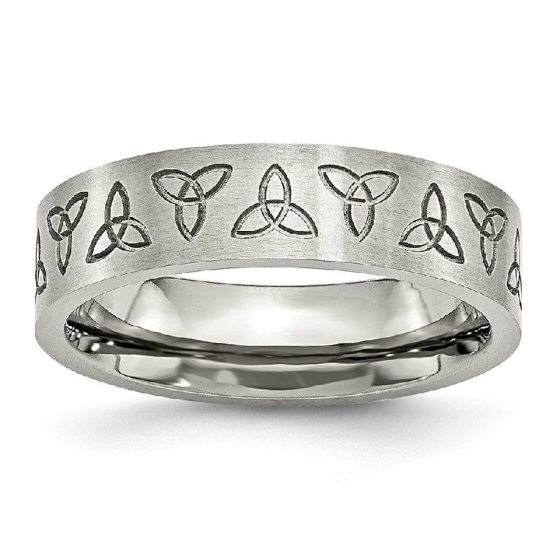 Rings with lotus flower engravings for peace -Stainless Steel Engraved Trinity Symbol Brushed 6mm Band