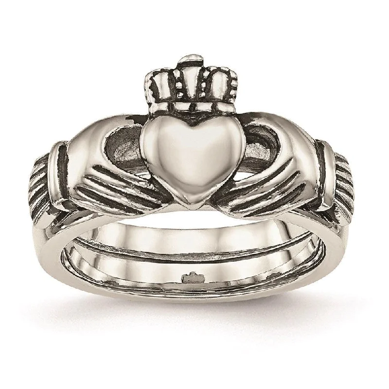 Rings with black diamond for striking contrast -Stainless Steel Love, Loyalty, Friendship Claddagh Double Hinged Ring