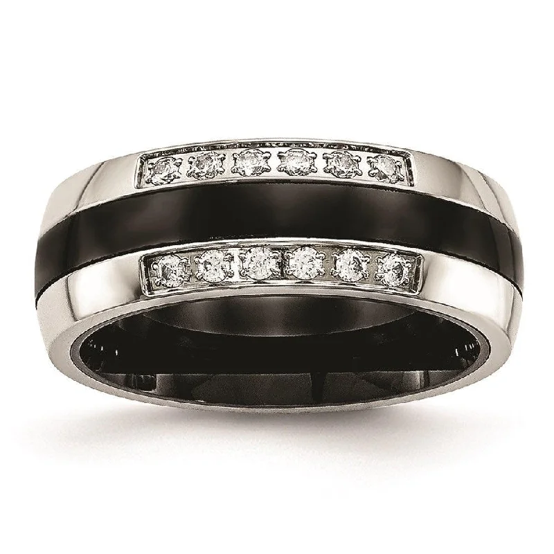 Rings with hammered silver for rustic appeal -Stainless Steel Polished Black Ceramic CZ Ring