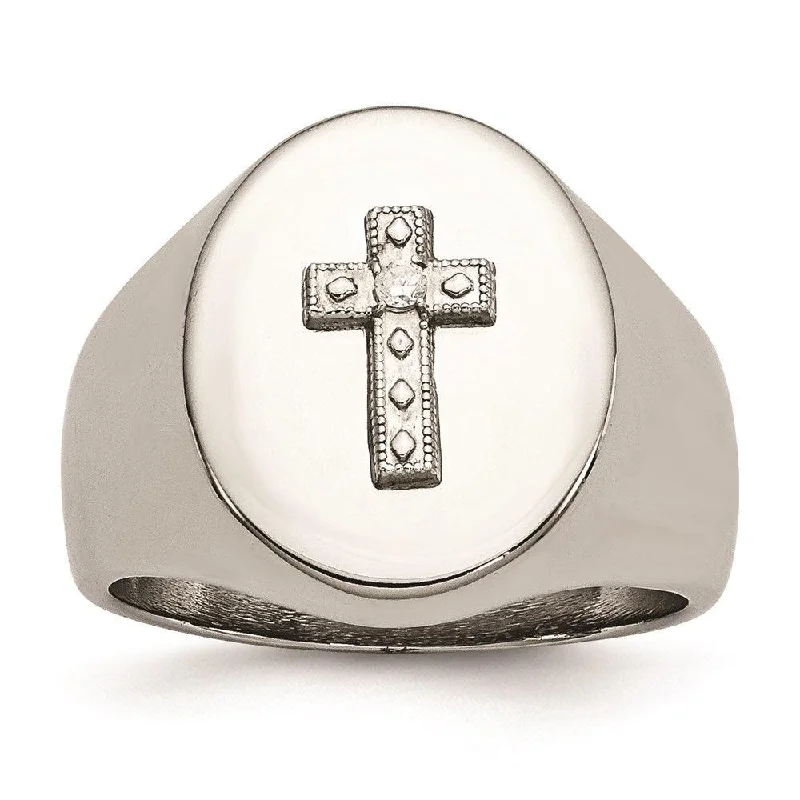 Handcrafted rings with raw emerald rough stones -Stainless Steel Polished Cross CZ Signet Ring