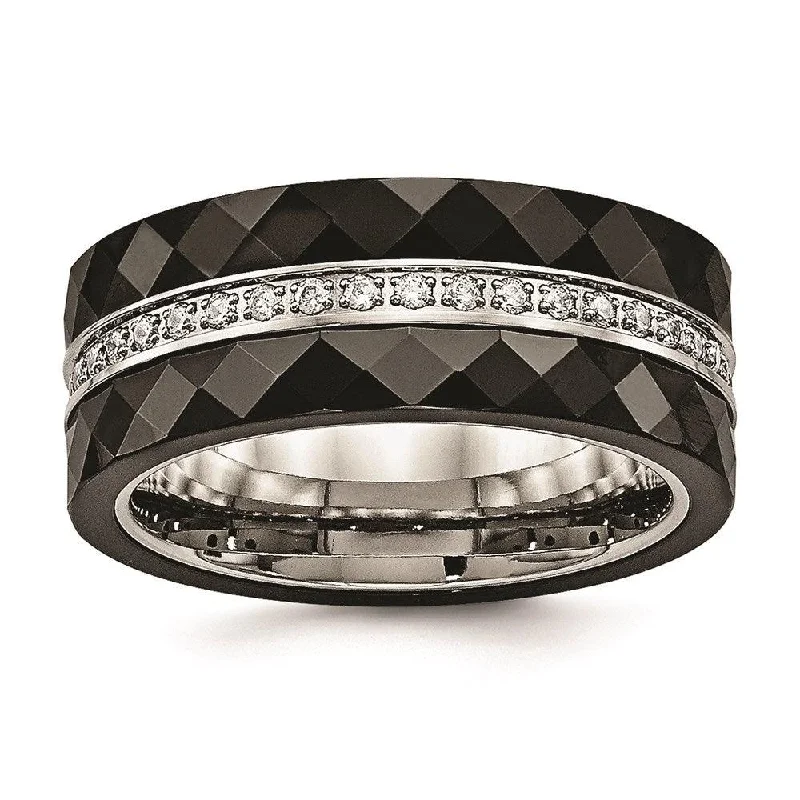 Stackable rings with mixed metal finishes -Stainless Steel Polished Faceted Black Ceramic CZ Ring