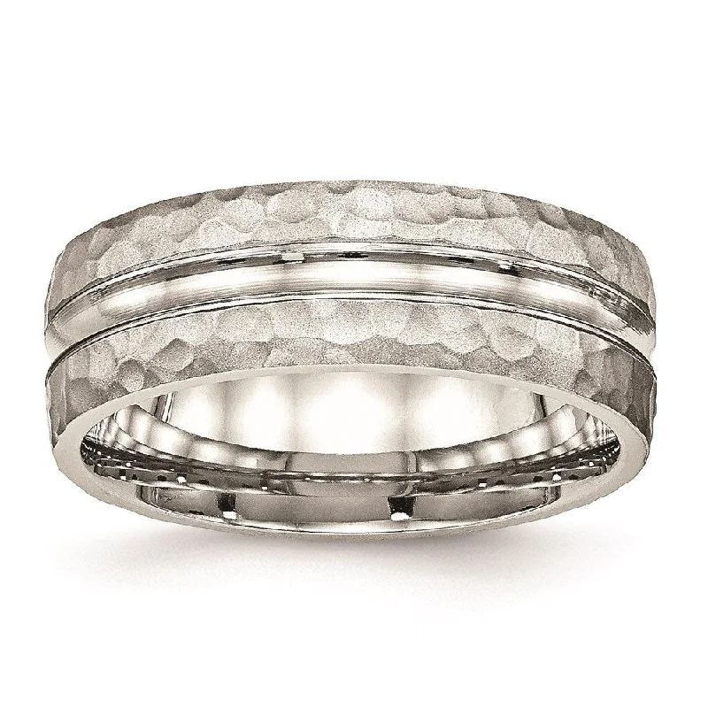 Rings with wide bands for statement wear -Stainless Steel Polished Hammered and Grooved 7.50mm Band