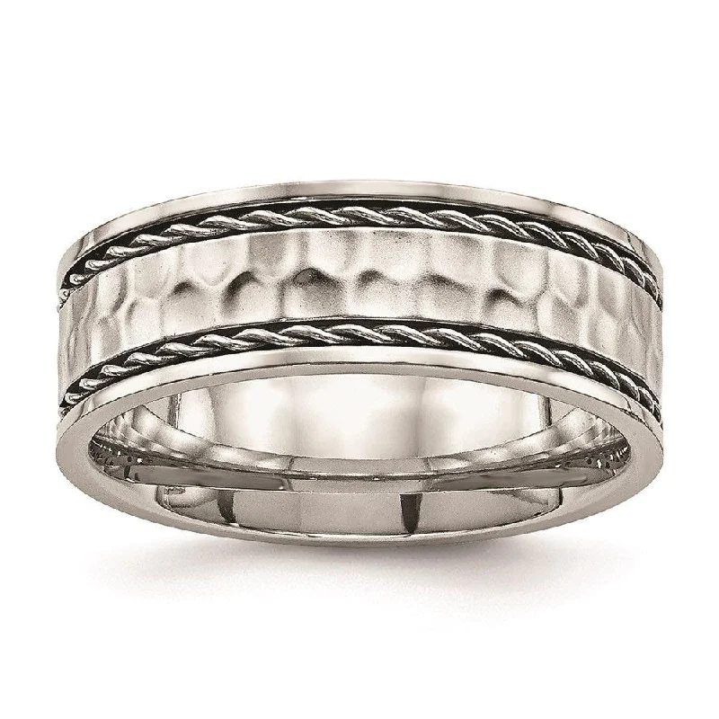 Rings with vine-wrapped bands for nature -Stainless Steel Polished Hammered Comfort Back Ring