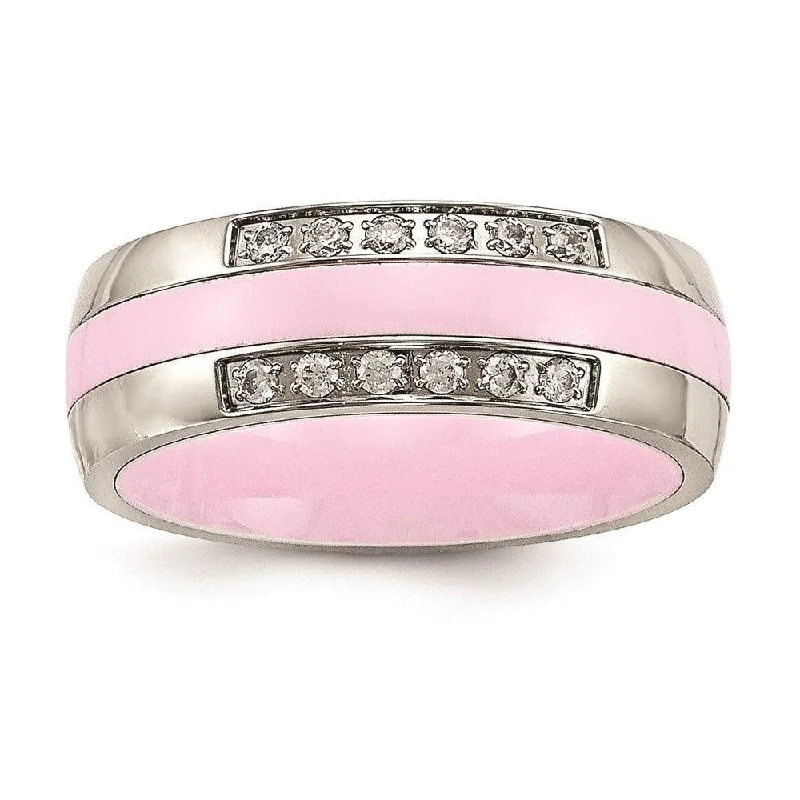 Rings with pave ruby for dazzling sparkle -Stainless Steel Polished Pink Ceramic CZ Ring