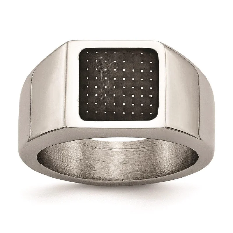 Rings with vintage-inspired rose-cut diamonds -Stainless Steel Polished Signet Carbon Fiber Inlay Ring