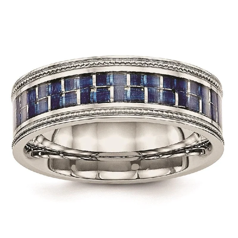 Rings with blue quartz for cool tones -Stainless Steel Polished w/ Blue Carbon Fiber Inlay Textured Edge Ring