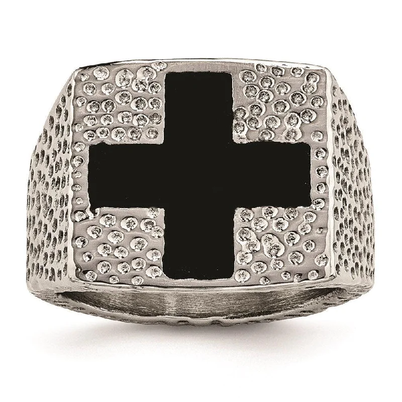 Dainty rings with subtle engraved star motifs -Stainless Steel Textured Black Enameled Cross Ring