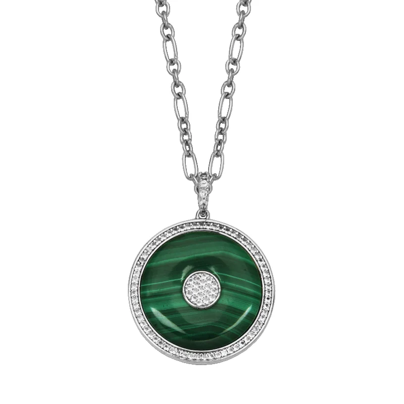 Beautiful necklaces and pendants with moonstone for an ethereal, mystical appearance-Sterling Silver Malachite & WhiteTopaz Medallion Necklace by Samuel B.