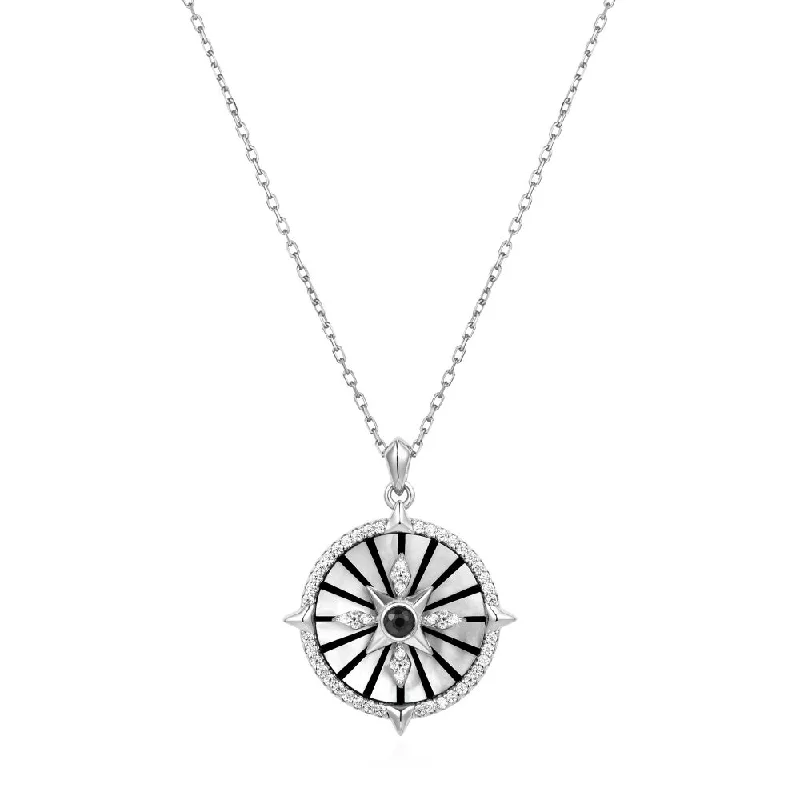 Personalized necklaces and pendants with coordinates for a meaningful location-based gift-Sterling Silver Mother of Pearl, Black Agate and Enamel Astrolabe Necklace by Ania Haie