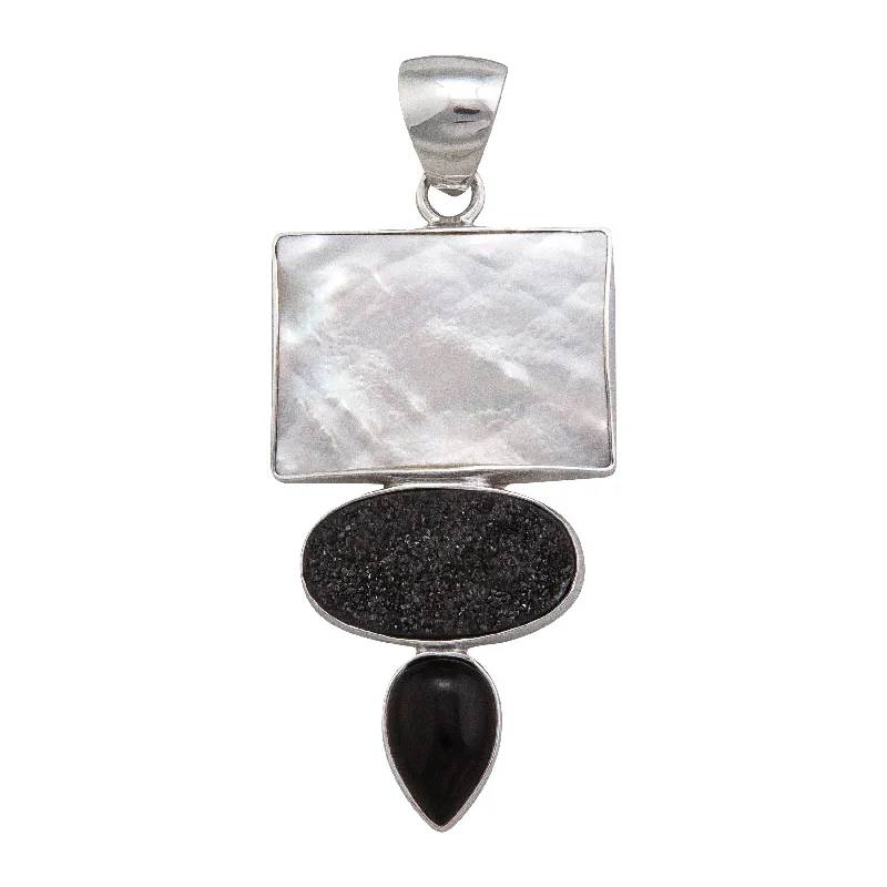 Unique necklaces and pendants with gemstones for a colorful and vibrant statement-Sterling Silver Mother of Pearl, Black Druzy and Onyx Pendant