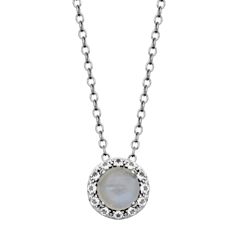 Beautiful necklaces and pendants with geometric shapes for a modern, artistic design-Sterling Silver Rainbow Moonstone & White Topaz Halo Necklace by Samuel B.