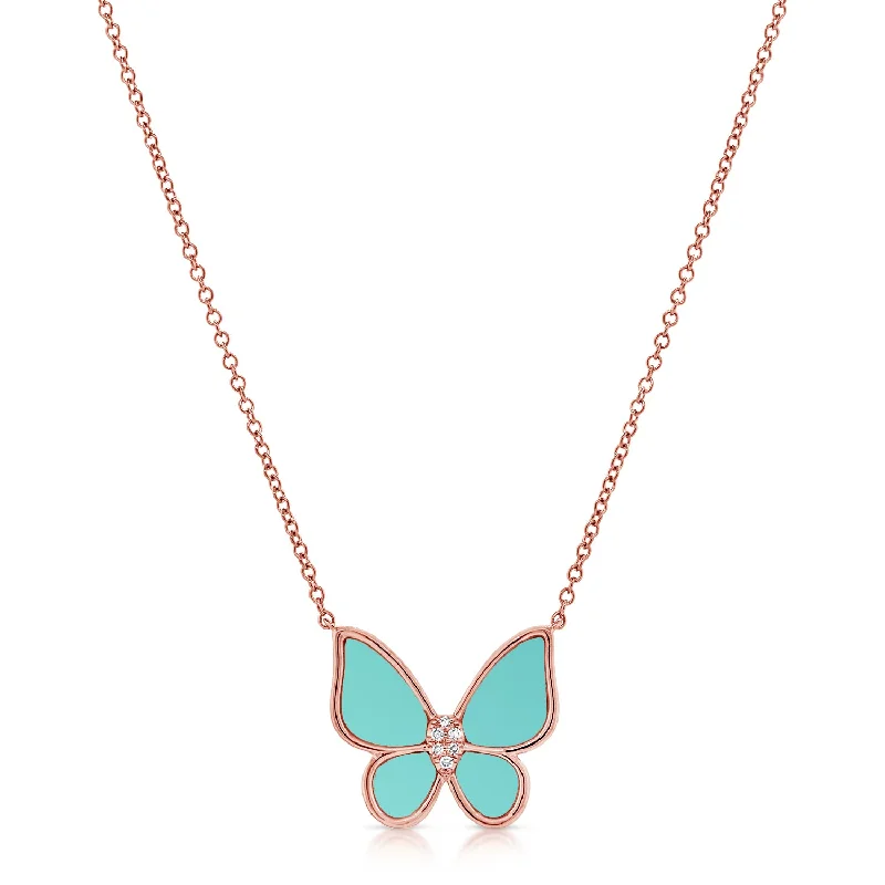 Trendy necklaces and pendants with geometric shapes for a modern aesthetic-Turquoise & Diamond Butterfly Necklace made in 14K Gold