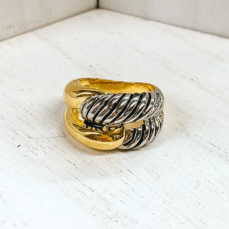 Rings with tiger eye bands for warmth -Two Toned Knot Ring in Gold/Silver Tone